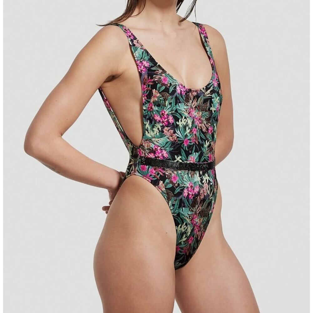 Victoria’s Secret one piece floral swimsuit plunge rhinestone waist Small
